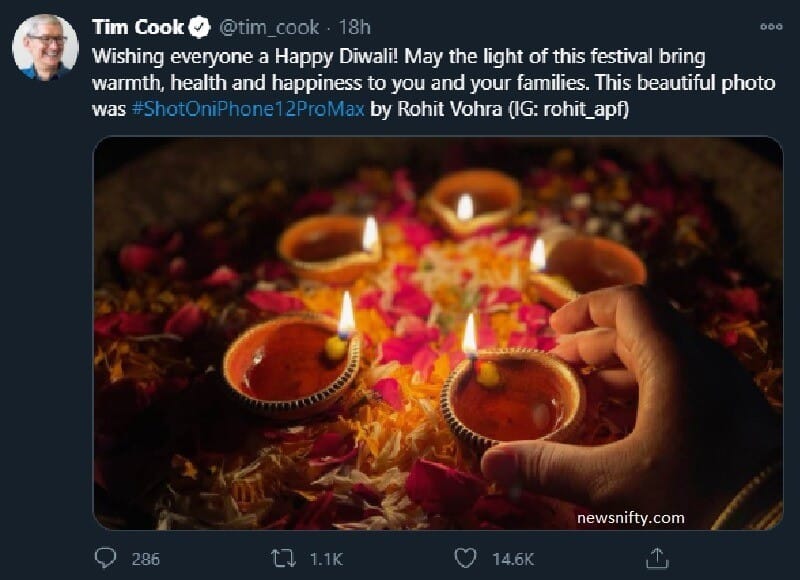 Tim Cook says Happy Diwali