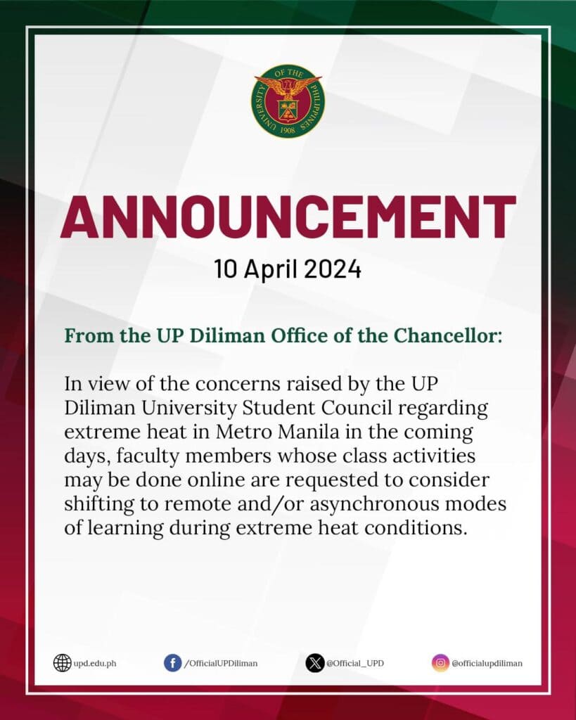 UP Diliman Shifts to Online Classes Due to Heatwave Official announcement